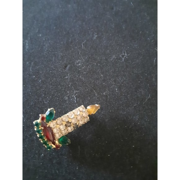 Christmas Candlestick Vintage Brooch Pin Rhinestones Red Green Clear Stones - Picture 4 of 6